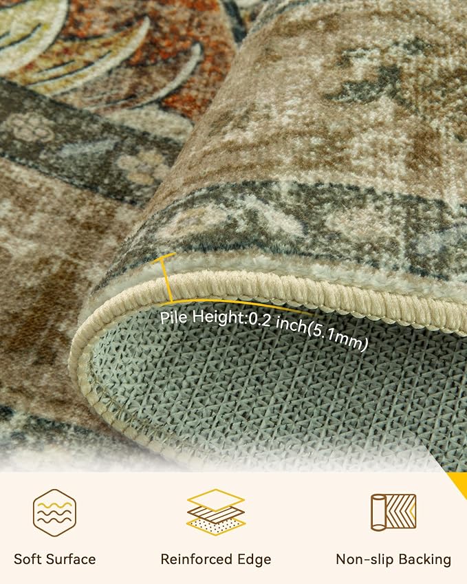 Area Rugs 7ft Washable Non-Slip, Floral Vintage Distress Print Pattern - Image 3