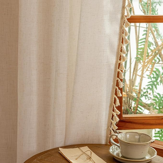 MYSKY HOME 90 Inch Boho Cream Semi Sheer Curtains Light Filtering Back Tab - Image 7