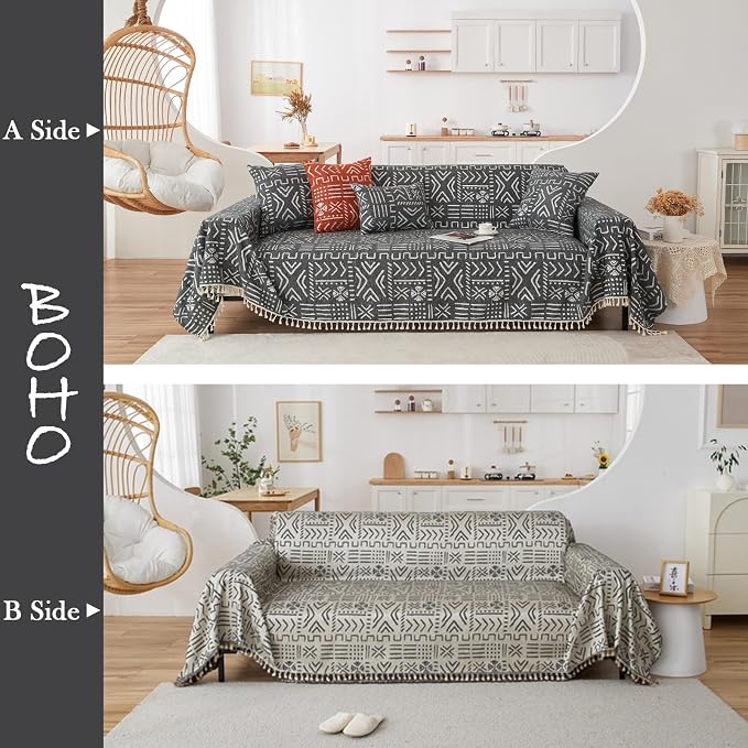 HANDONTIME Black White Boho Sofa Cover Boho Geometric Couch Covers Tassel - Image 2