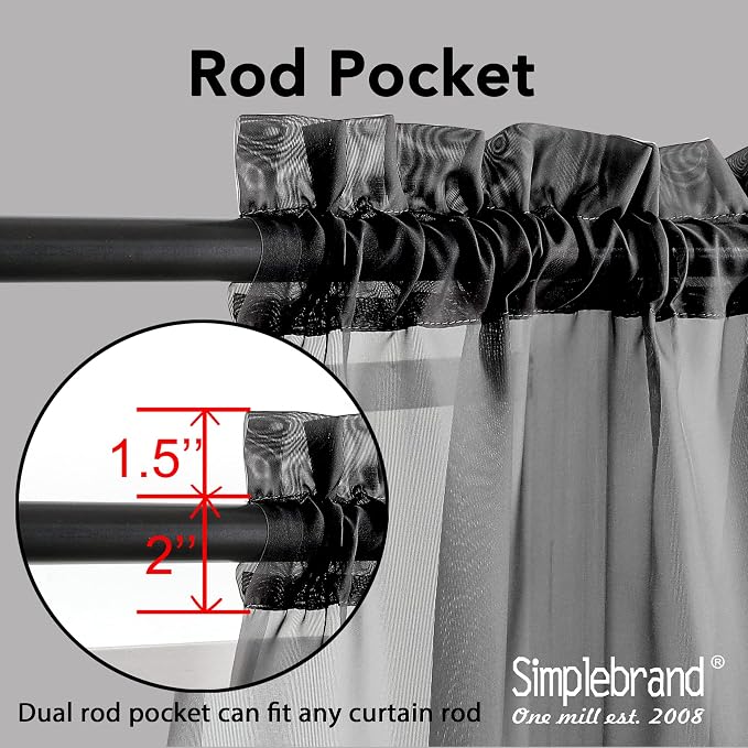 Simplebrand Black Sheer Curtains 72 Inches Long 2 Panels - Image 2