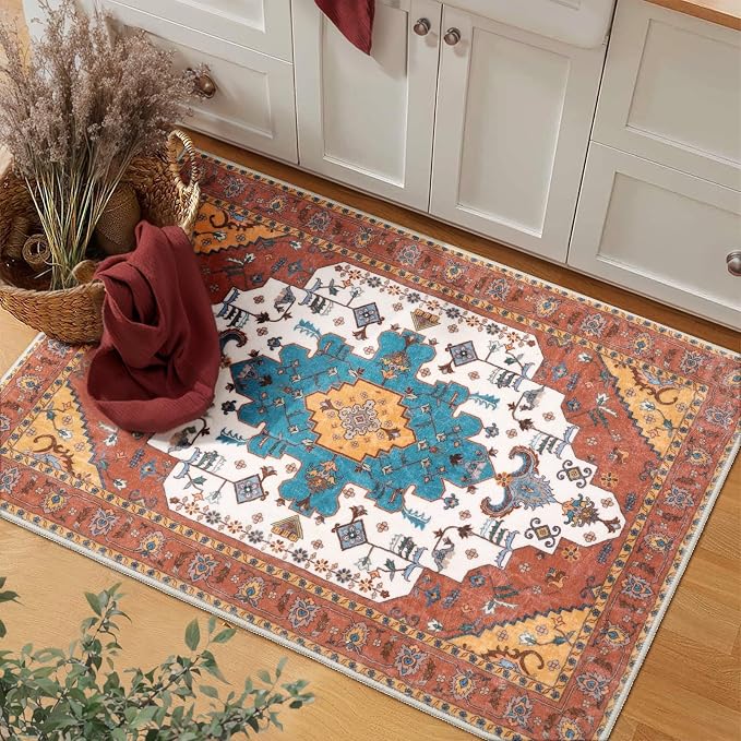 SERISSA Boho Rugs for Entryway, 2x3 Orange Entryway Rug Non-Slip Washable Small - Image 5