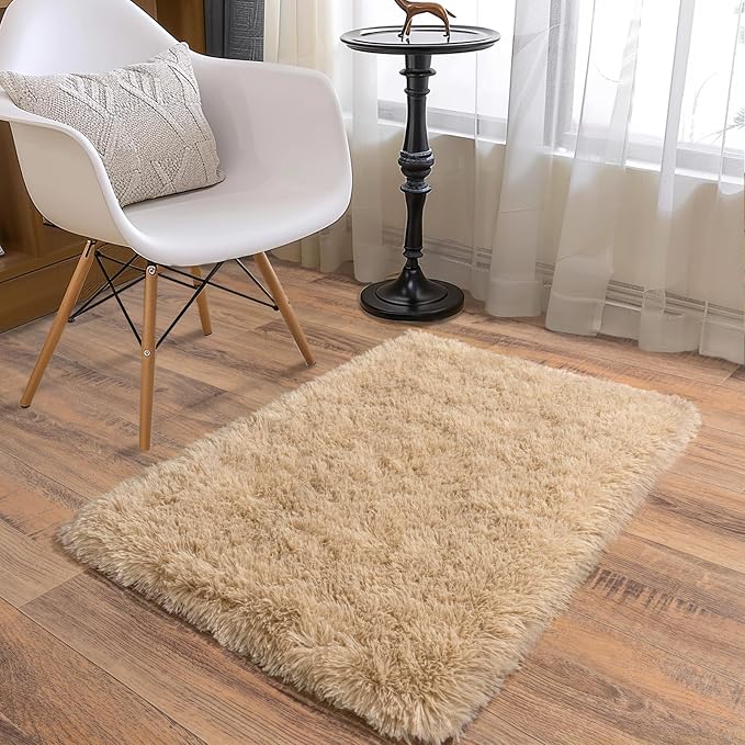 Soft Runner Rugs for Bedroom Hallways, 2 Packs 2x3 Beige Fluffy Shag Throw Area - Image 2