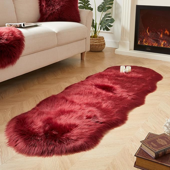 AMTOVO Faux Sheepskin Rug, Burgundy Ultra Soft Fluffy Shag Area Rug, 2 x 6 ft - Image 4