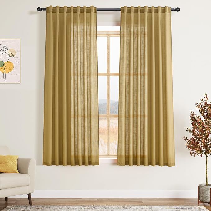 Gold Linen Curtains 63 Inches Long 2 Panel Sets by Nanspring
