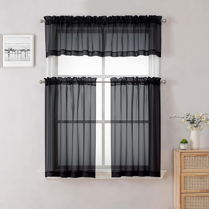 Lecloud Black Sheer Valances for Windows 18 Inch Length 2 Pcs, Cafe Kitchen - Image 6