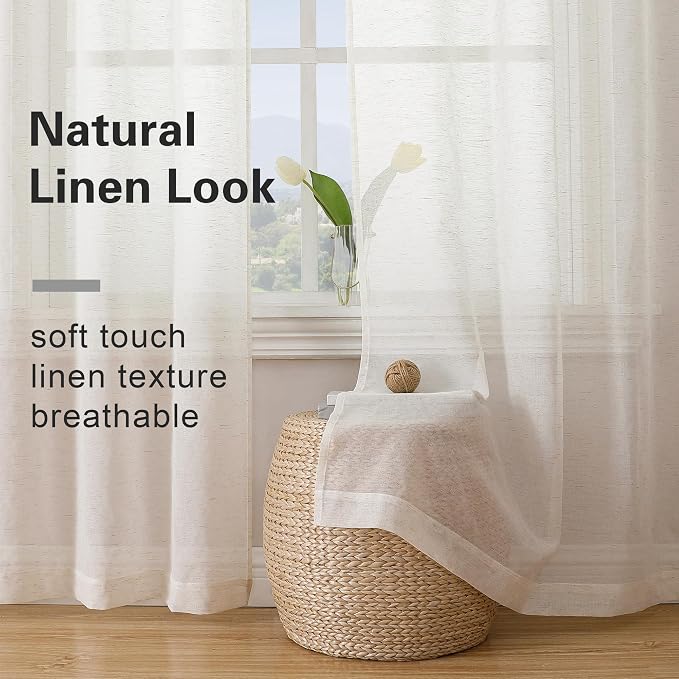 Simplebrand Natural Linen Textured Sheer Curtains 84 inches Length 2 Panels Set - Image 4