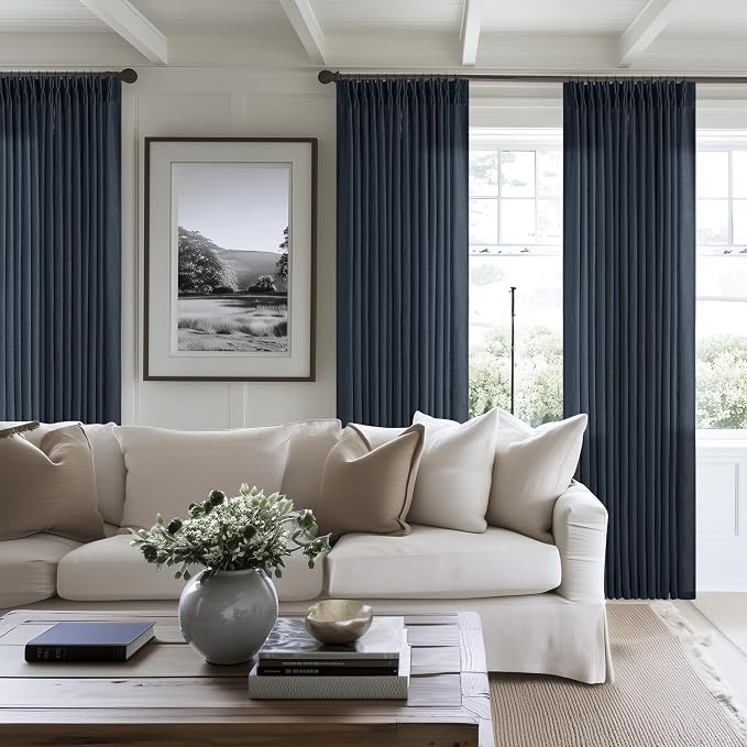 Navy Blue 80 Inch Pinch Pleated Linen Curtains 2 Panels Set | Light Filtering - Image 6