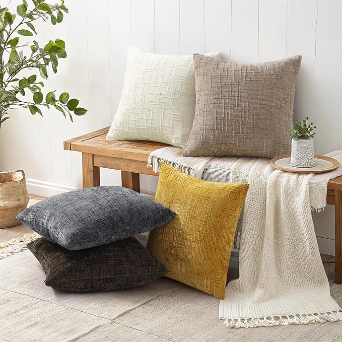 decorUhome Oatmeal Chenille Euro Sham Throw Pillow Covers 24x24 Set of 2 - Image 6