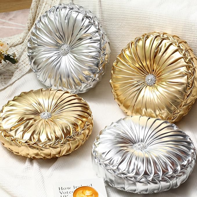 Kathfly Set of 4 Decorative Round Pleated Throw Pillows, Classy Velvet Pumpkin by Kathfly