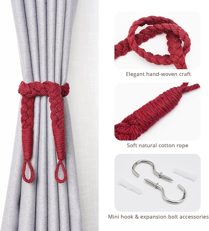 NICEEC 4 Pack Natural Cotton Rope Curtain Tiebacks Elegant Boho Style - Image 2