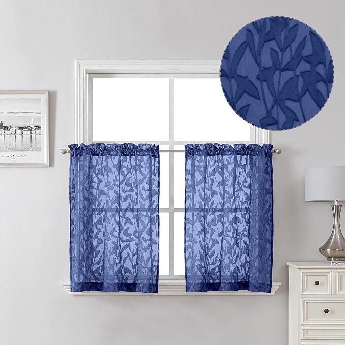 Lecloud Leia Dusty Blue Sheer Kitchen Curtains 24 Inch Length 2 Pcs, Jacquard by Lecloud