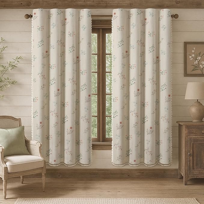 Boho Floral 100% Blackout Curtains 72 Inch Length 2 Panels Set, Linen Texture by Unknown