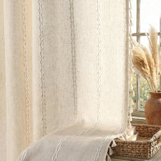 Boho Light Filtering Curtains 63 Inches Long Beige Linen Blend 2 Panels by Unknown