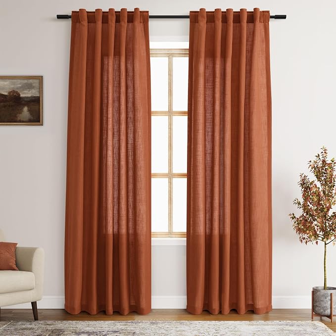 Terracotta Linen Blend Drapes 84 Inch Length 2 Panels Set Back Tab Rod Pocket by Nanspring