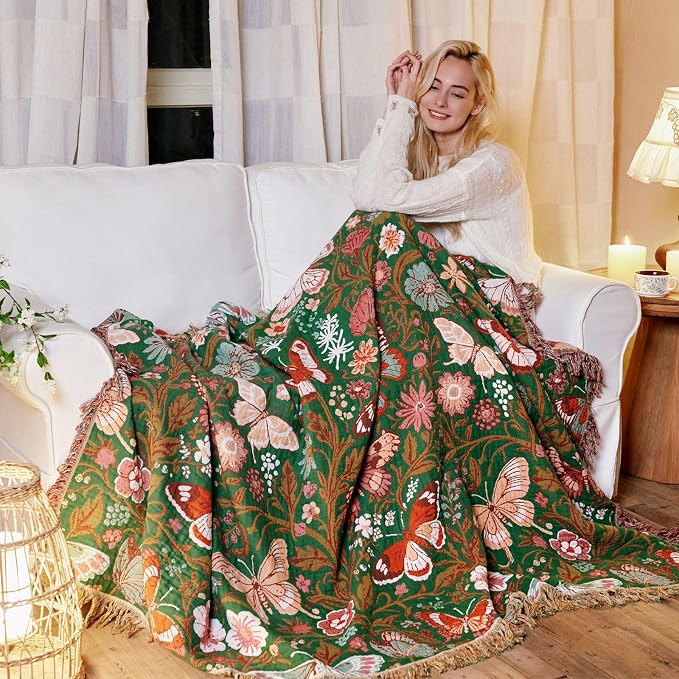MSGKV Boho Throw Blanket for Couch 50"x60" Butterfly Floral 100% Cotton Blanket - Image 7