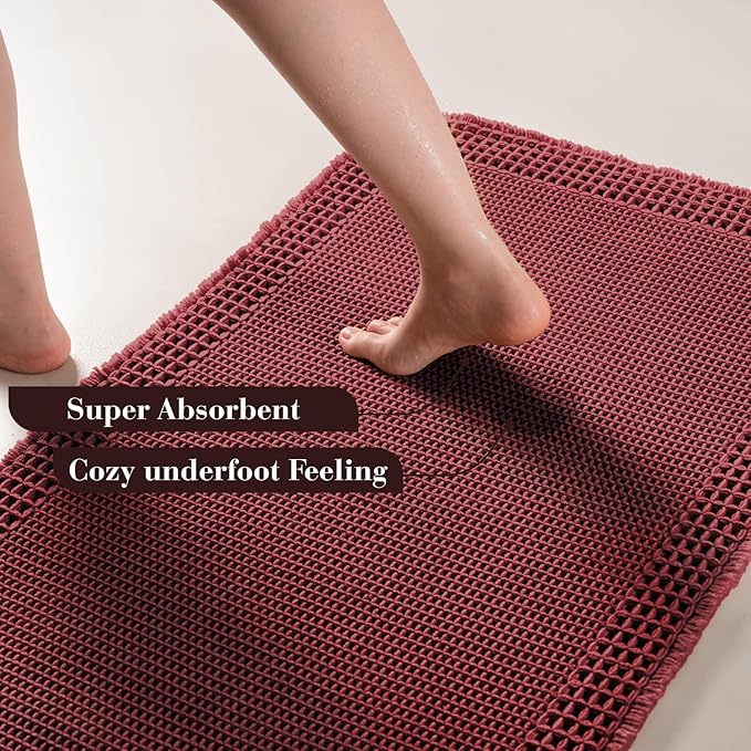 RESARE Waffle Bathroom Runner Rugs, Non Slip Boho Bath Mat 24"x72" Dark Red | - Image 3