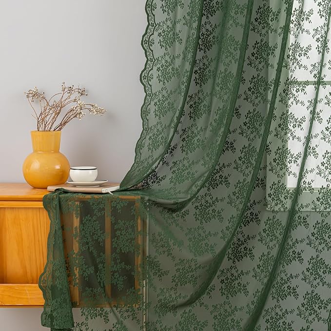 YJ YANJUN Vintage Lace Curtains 96 Inches Long-Victorian Floral Green Sheer - Image 3