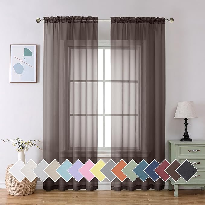 Aiyufeng Chocolate Brown Sheer Curtains 84 Inches Long 2 Panels, Solid Voile by Aiyufeng