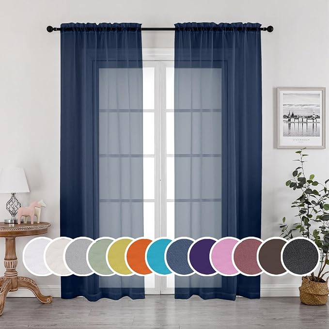 OWENIE Navy Blue Sheer Curtains 90 Inches Long, Solid Light Filtering Sheer by OWENIE