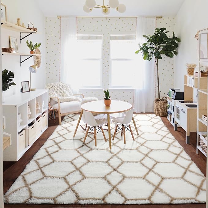 Area Rugs for Living Room, 5x8 Fluffy White and Beige Bedroom Geometric Rug | - Image 9