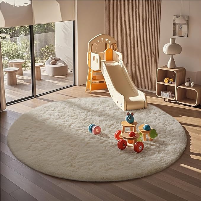 Ophanie Round Rugs 6Ft Ivory Circle Area Rug, Aesthetic Room Decor, Fluffy - Image 3