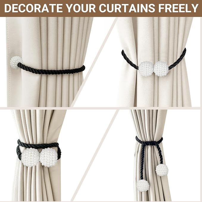 Hion Magnetic Curtain Tiebacks Black 6 Pack, Curtain Tiebacks Buckles Holdbacks - Image 5