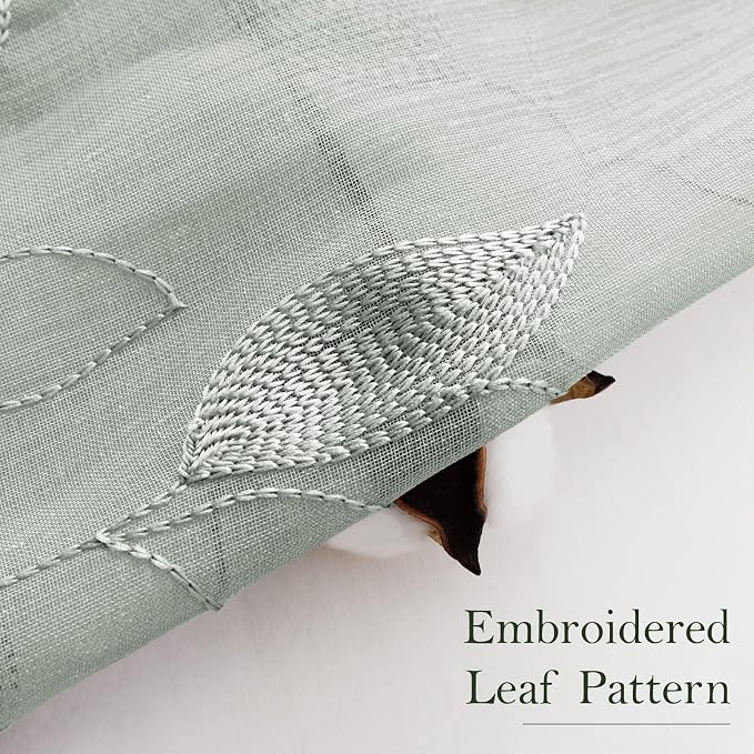 HOMEIDEAS Sage Green Sheer Curtains 52 X 84 Inches Long 2 Panels Embroidered - Image 3