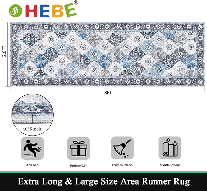 HEBE Hallway Runner Rug 2'8”x8' Washable Vintage Distressed Area Rugs Non Slip - Image 2