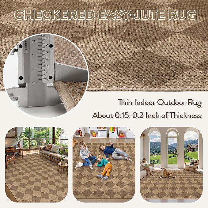 Lahome Colette Checkered Easy Jute Rug, 9x12 Washable Dining Room Rug Indoor - Image 5