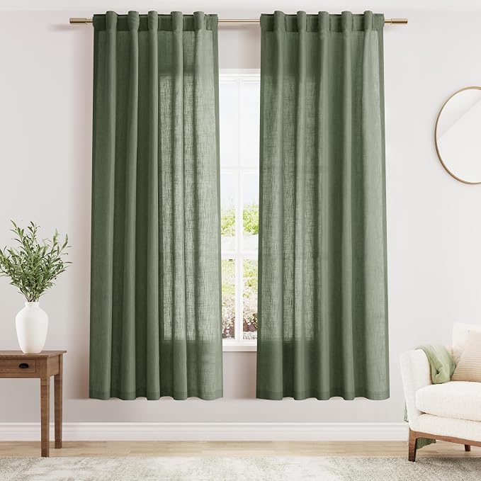 Olive Green Linen Curtains 72 Inch Length 2 Panel Set Back Tab Semi Sheer Light by Nanspring