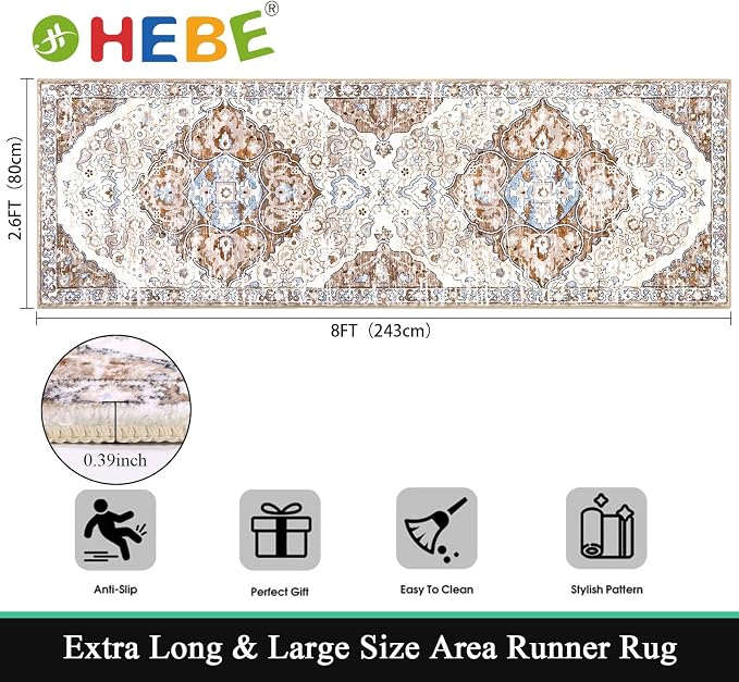 HEBE Hallway Runner Rug 2'8''x8' Washable Vintage Distressed Area Rugs Non Slip - Image 2
