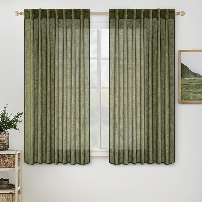 MIULEE Light Olive Green Linen Curtains 63 Inch Length 2 Panels by MIULEE