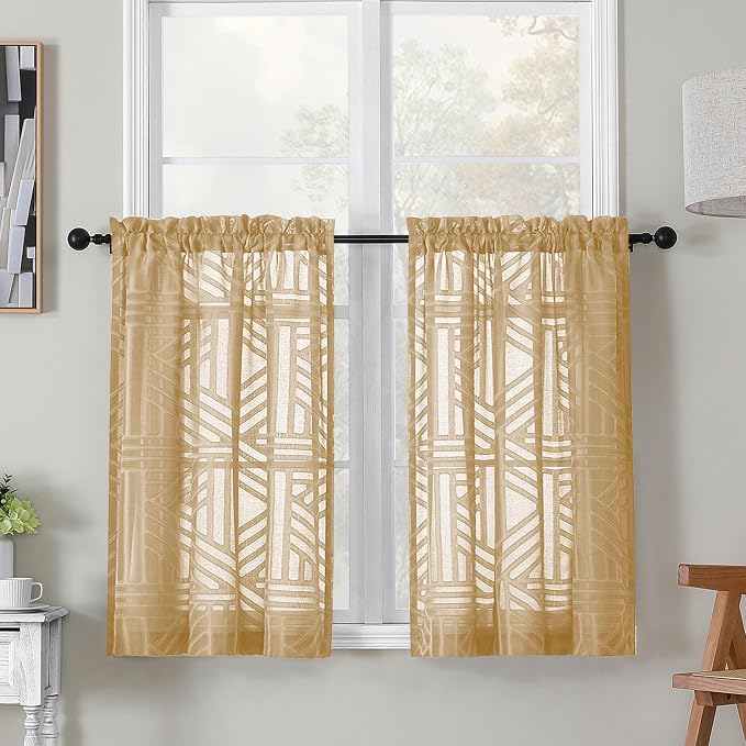 Simplebrand Semi Sheer Gold Curtains 36 Inch Length 2 Panels, Geometric by Simplebrand