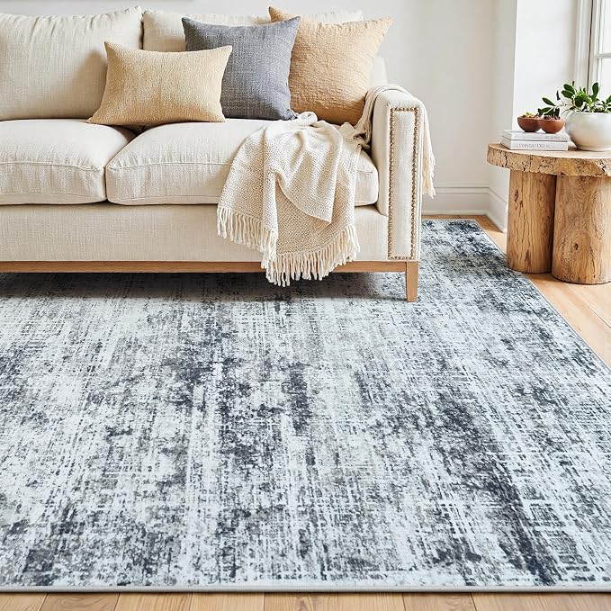 5x7 Washable Area Rug for Living Room Bedroom: Non-Slip Modern Black Grey | - Image 9