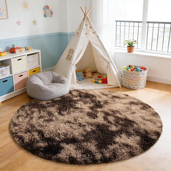 Tie-Dyed Coffee Fluffy Round Rug, Soft Area Rugs - Image 6