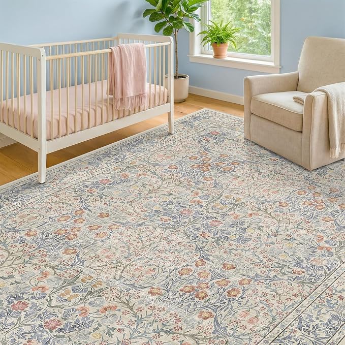 Washable Beige Blue 5x8 Area Rug by HazoHaus