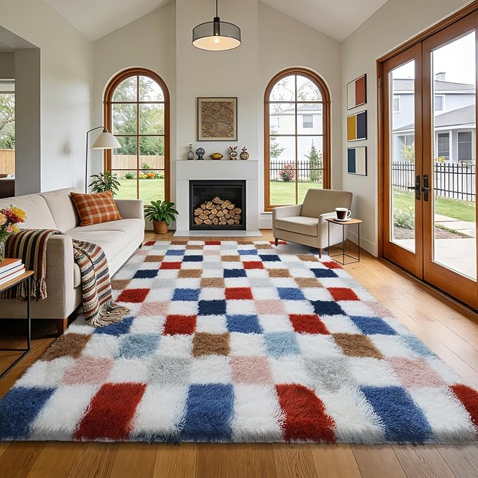 Shag Area Rug for Bedroom Living Room, 4x6 Fluffy Soft Colorful Checkered Rug by Boshengya