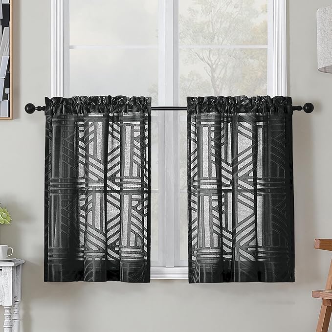 Simplebrand Semi Sheer Black Curtains 30 Inch Length 2 Panels, Geometric by Simplebrand