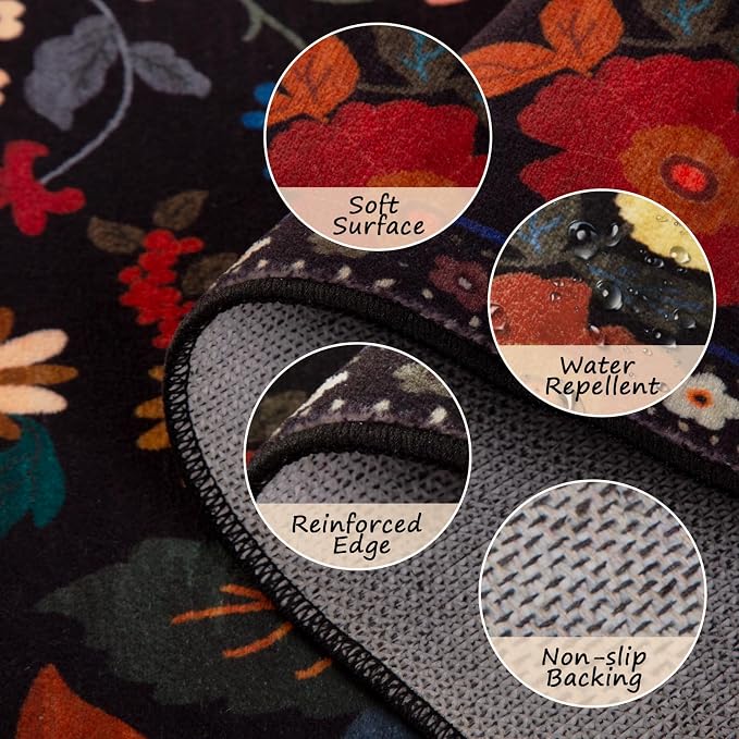 RELEANY Floral Washable 3x5 Area Rugs Black | Flower Carpet Print Boho Cute Non - Image 3