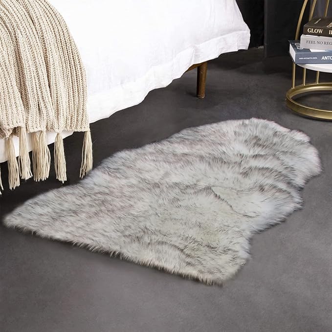 duduta White Black Faux Sheepskin Throw Rug 2x3 ft, Fluffy Shag Fur Chair Cover - Image 4