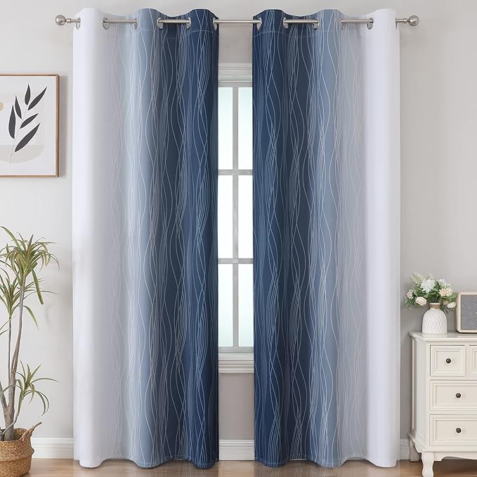 Estelar Textiler Navy Blue and Greyish White Blackout Curtains 84 Inches Long - Image 2