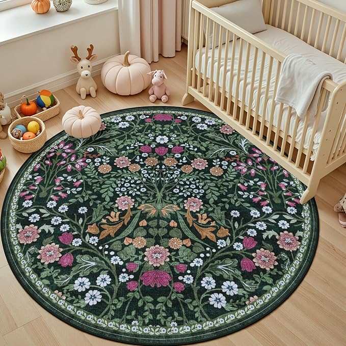 Round Area Rug for Living Room: 4 ft Floral Washable Circle Rug Soft Boho - Image 5