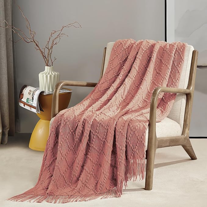 BOURINA Coral Pink Throw Blanket 50 x70 Inches Jacquard Argyle Throw Textured - Image 2