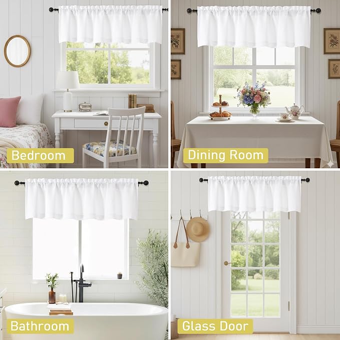 White Valances for Windows, Light Filtering Faux Linen Textured Small Short - Image 7