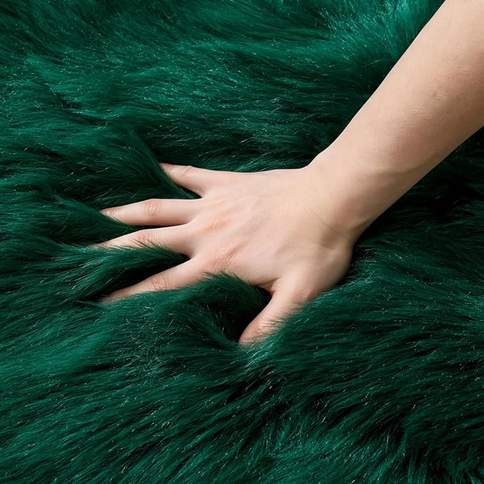 MIULEE Fluffy Area Rug 3'x5' Large Faux Fur Sheepskin Rug Dark Green | Luxury - Image 4
