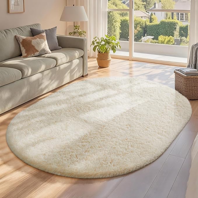 Ophanie 4x6 Oval Ivory Rugs for Bedroom Living Room, Fluffy Fuzzy Furry Carpet by Ophanie