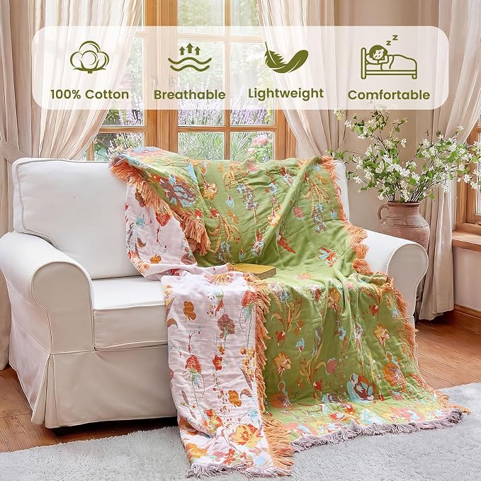 MSGKV Boho Throw Blanket 90"x108" Floral 100% Cotton Blanket - Image 2