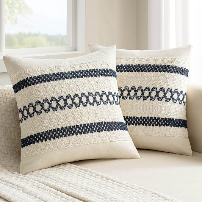MIULEE Set of 2 Navy Blue Boho Decorative Pillow Covers 18x18 Inch Farmhouse by MIULEE
