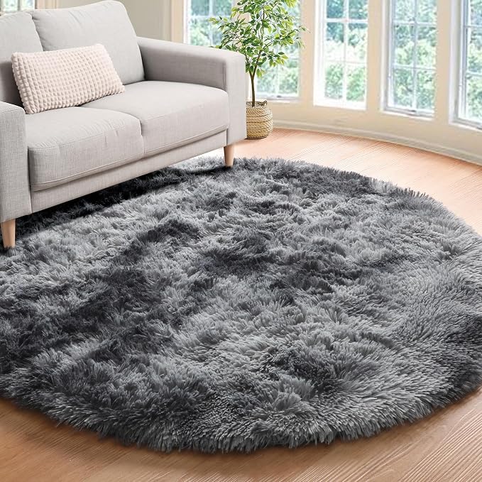 ONASAR Round Rugs 6ft for Living Room Bedroom, Tie-Dyed Dark Grey Fluffy Circle - Image 8