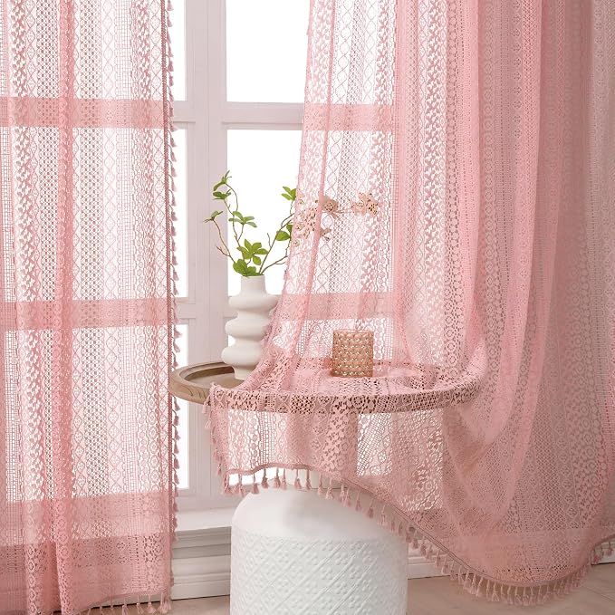 WAZZIO Boho Lace Curtains 84 Inches 2 Panel, Light Filtering Privacy Tassel & - Image 5